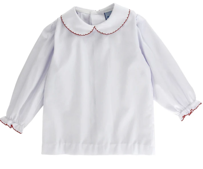 White Piped Shirt w/Red Picot - Girls