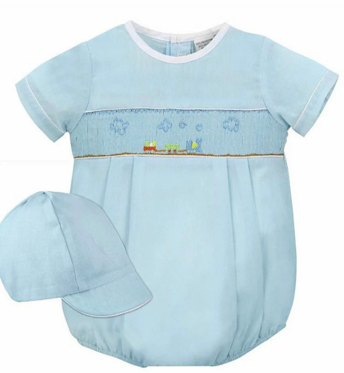 Smocked Train Blue Bubble w/Hat