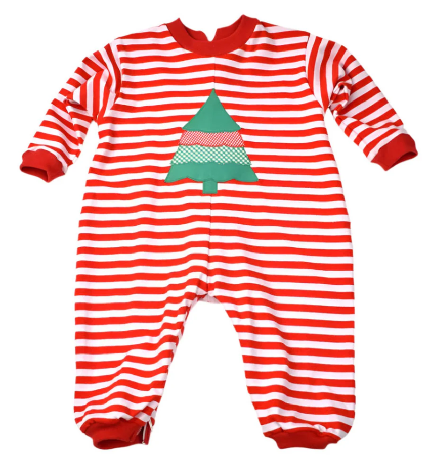 Red Stripe Romper w/Christmas Tree