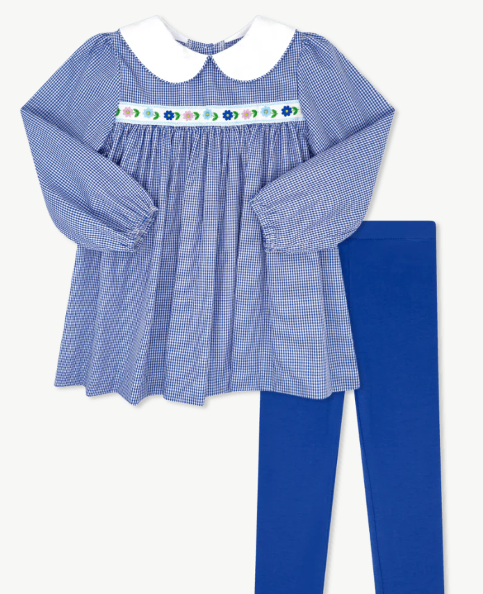 Layla Royal Gingham Legging Set-Flowers