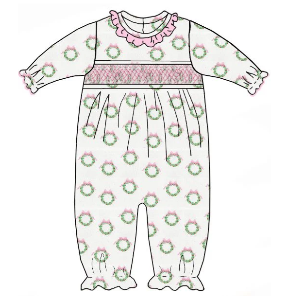 Holiday Pink Wreath Long Romper
