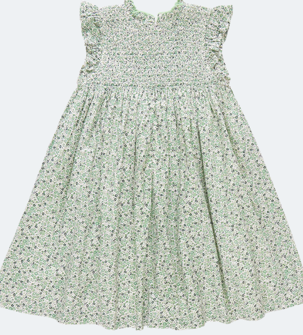 Stevie Smocked Green Mini Ditsy Dress