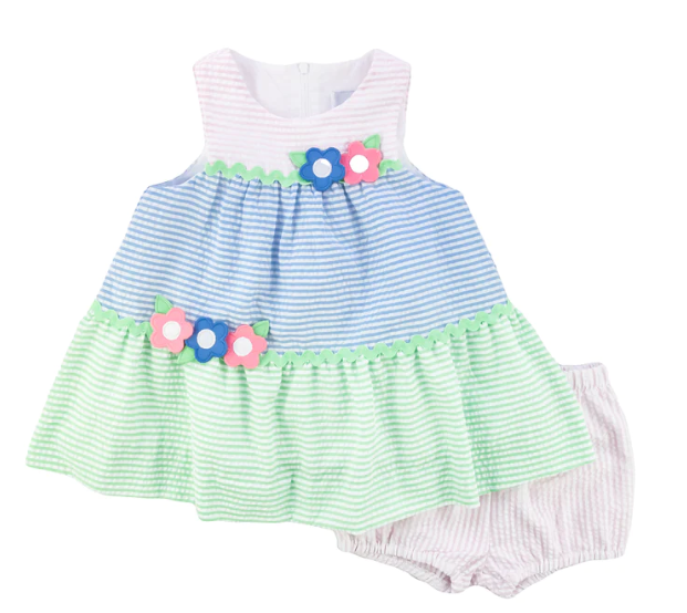 Seersucker Dress w/Bloomer w/Flowers