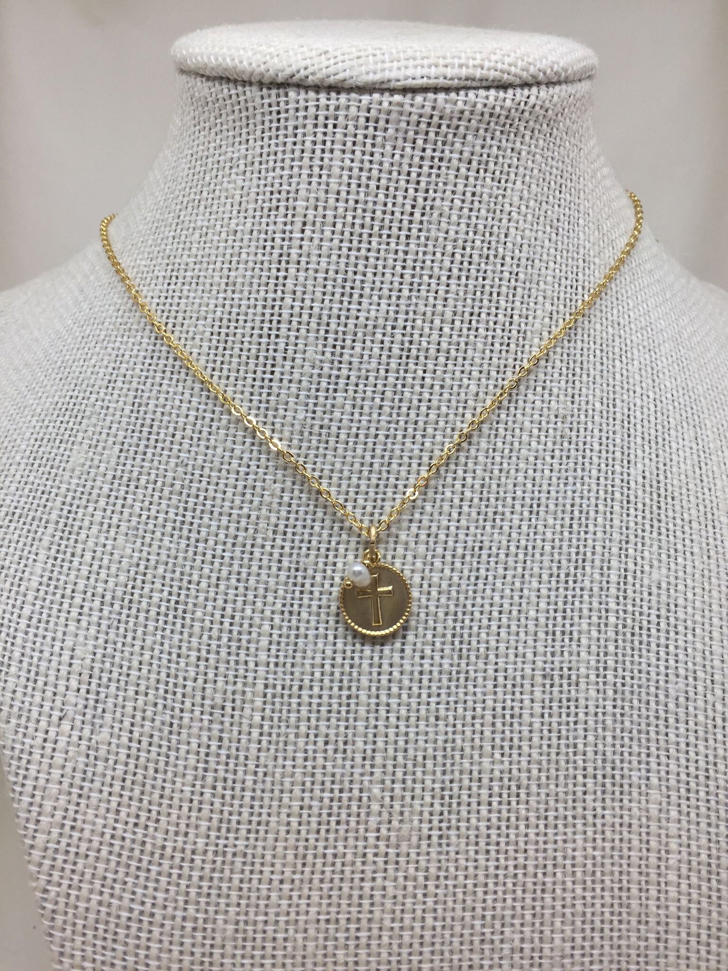 Pearl Bead Coin Cross Necklace