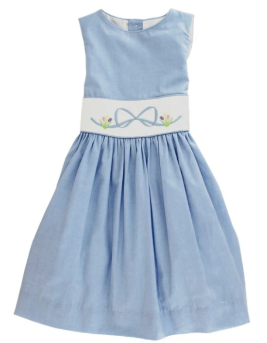 Chambray Sleeveless Dress w/Emb Bow