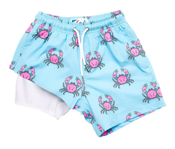 Pink Crabs Boys Lined Swim Trunks