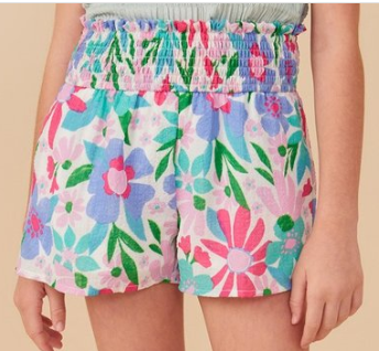 Textured Floral Smocked Waist Short