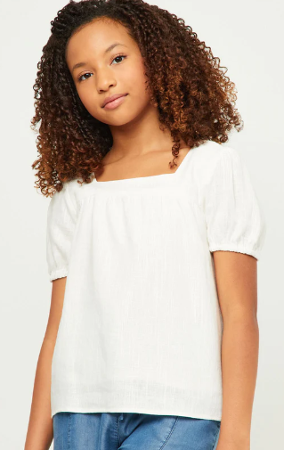 Linen Look Square Neck Puff Sleeve Top