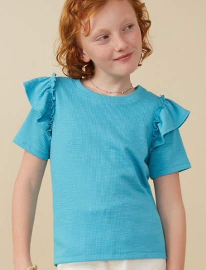 Marled Ruffle Sleeve Textured Top - Blue