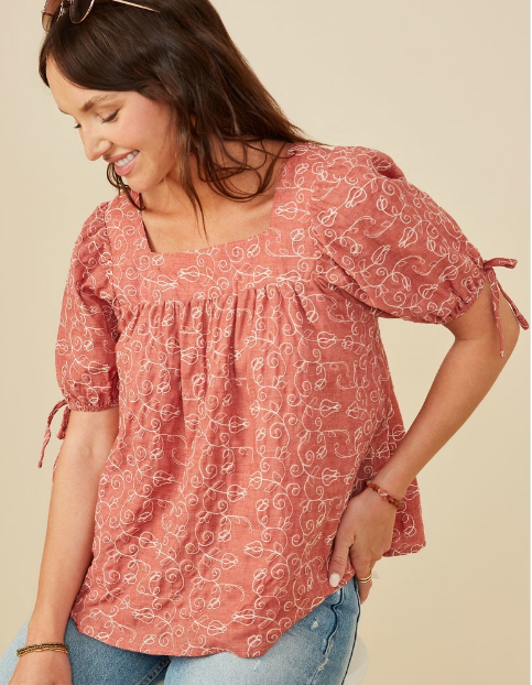 Botanical Emb Tie Sleeve Top - Rust
