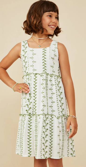 Green Emb Tiered Ruffle Dress