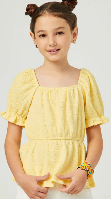 Yellow Smocked Textured Cinch Sleeve Top