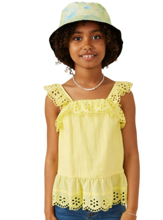 Scalloped Eyelet Ruffle Strap Top-Yellow