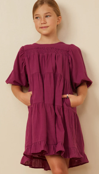 Textured Ruffle Tiered Dress - Berry