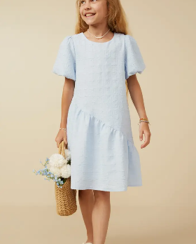 Textured Puff Slv Asymmetric Hem Dress