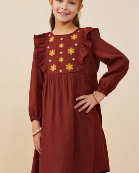 Ruffle Floral Emb Dress - Burgundy