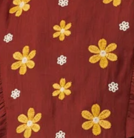 Ruffle Floral Emb Dress - Burgundy