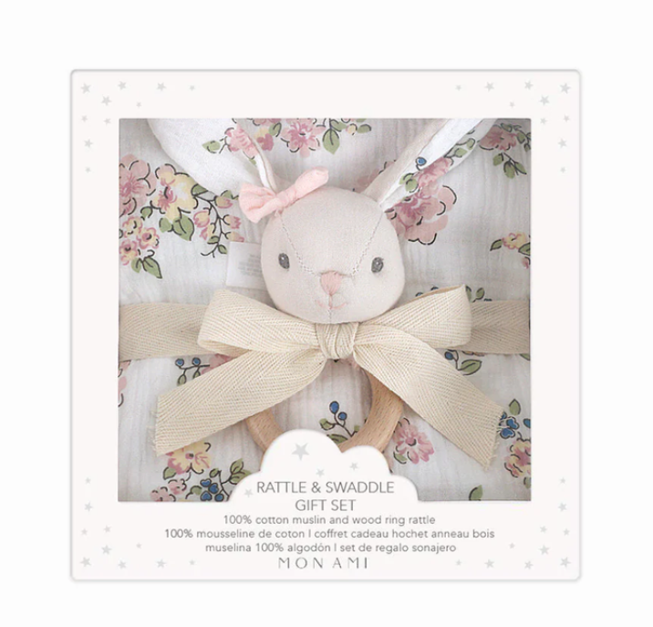 Rattle & French Floral Swaddle Gift Set