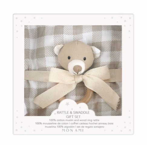 Gingham Swaddle & Petit Bear Rattle Set