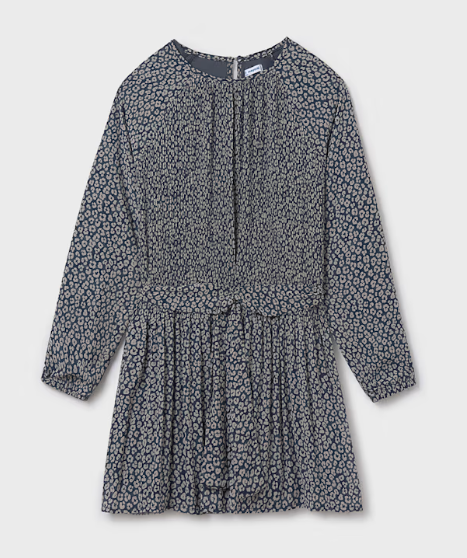 Navy Printed Dress w/Tie Sash