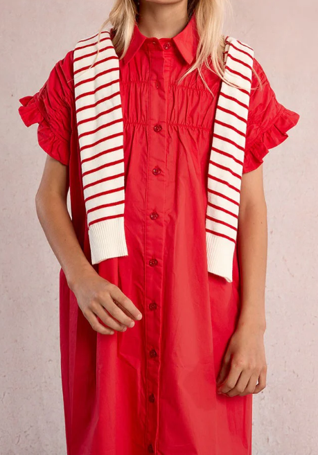 Woven Red Smocked Shirt Dress