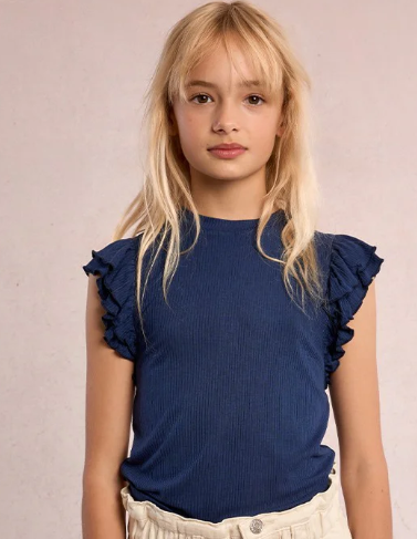 Navy Ribbed Ruffle Top
