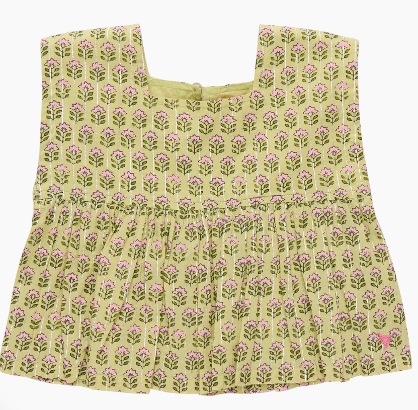 Kamari Green Prairie Block Print Top