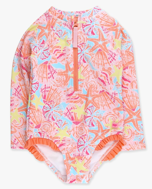 Sunset Seashells One Piece Zip Rashguard