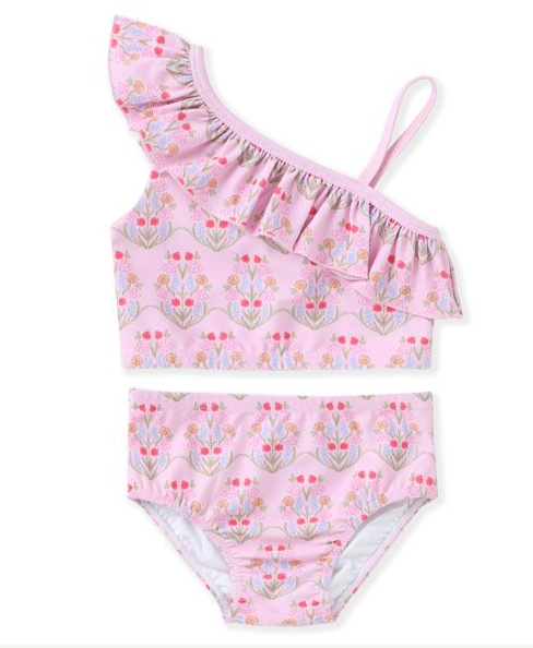 Pink w/Flowers 2 PC Ruffle Swim Suit