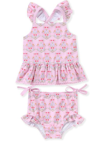 Pink w/Flowers 2 PC Tunic Swim Suit