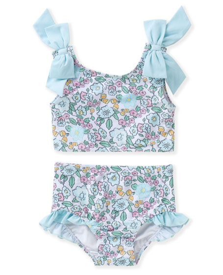 Floral w/Blue Tie Bows 2 PC Swim Suit