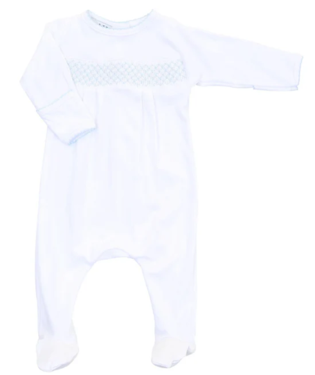 Solid White w/Blue Smocked Footie