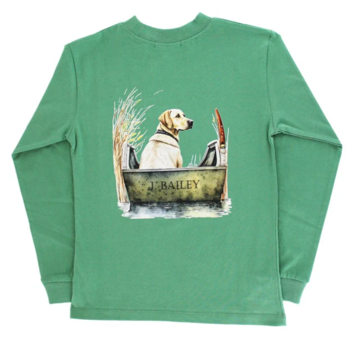 Dog in Boat Green LS Tee - Tween