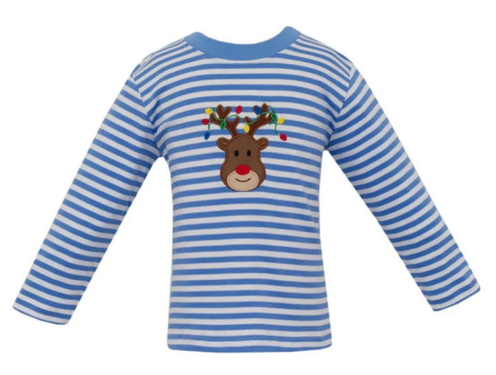 Reindeer Face Blue Stripe LS T-shirt