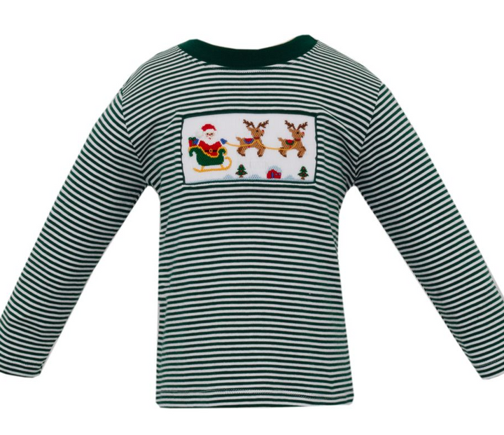 Santa Sleigh Boy's Green Stripe Shirt