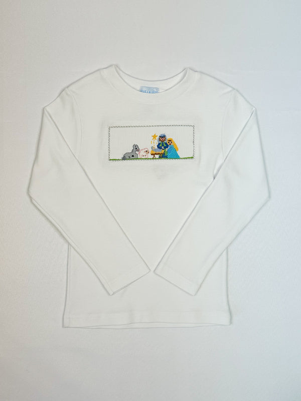 Nativity Smocked White LS Shirt -TOD