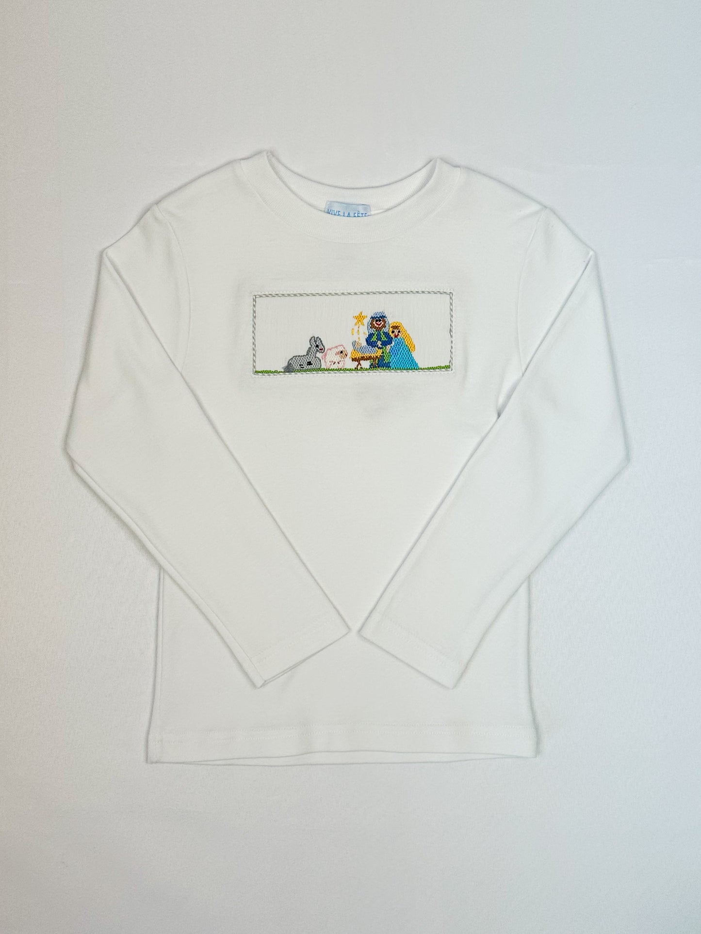 Nativity Smocked White LS Shirt -Boys