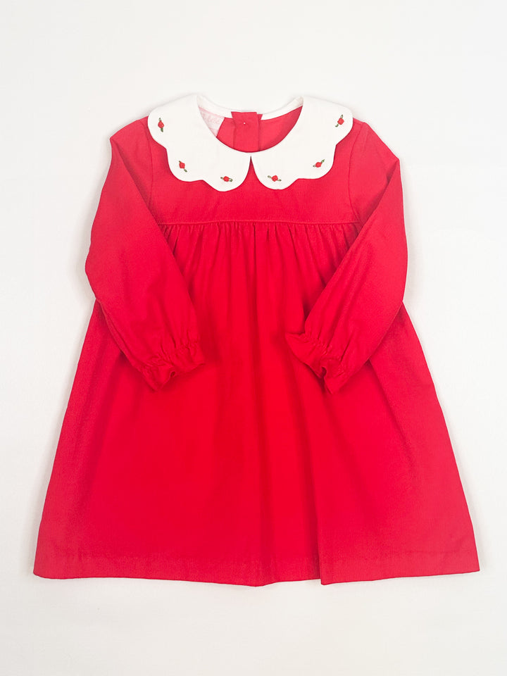 Red Cord Scalloped Collar Hand Emb Dress