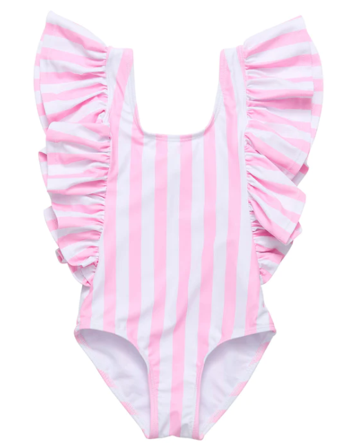 Pink Stripe Wide Frill Swimsuit - Girls