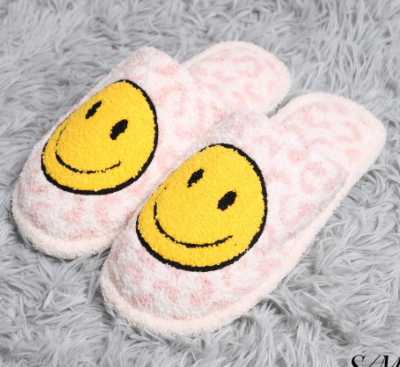 Pink Leopard Print Smiley Face Slippers