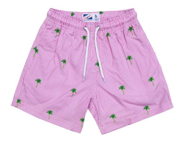 Pink Palm Stripe Swim Trunks - Boys