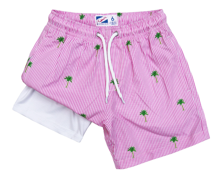 Pink Palm Stripe Swim Trunks - Boys