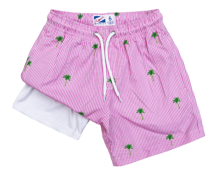 Pink Palm Stripe Swim Trunks - Tween