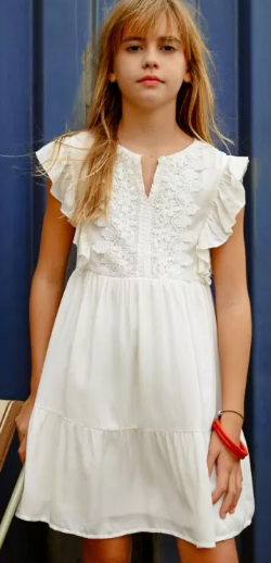 Mini Flare Dress w/Lace Yoke - Off White